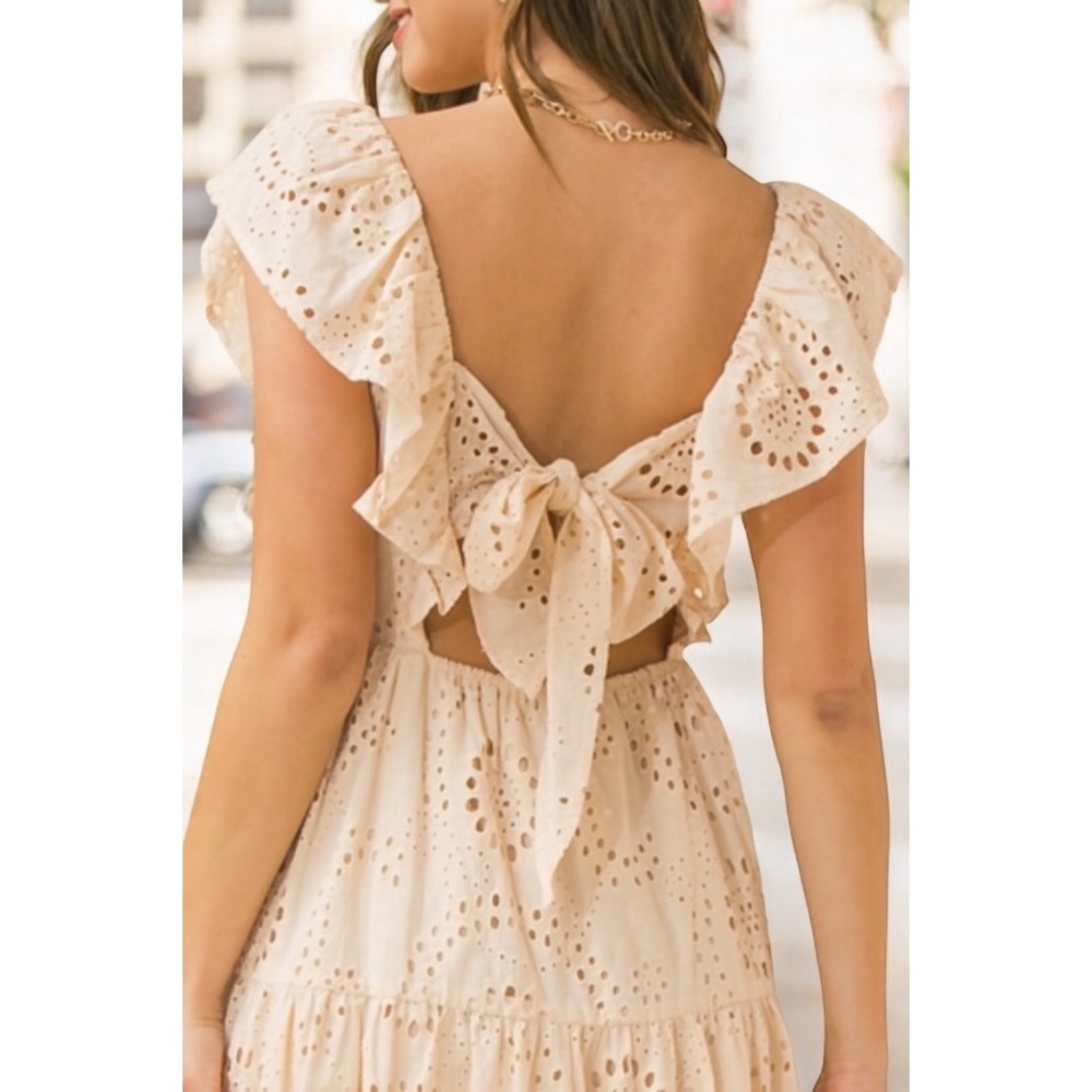 Flying Tomato Natural Beige Cotton Eyelet Midi Dress with Back Bow Tie - Picture 10 of 11